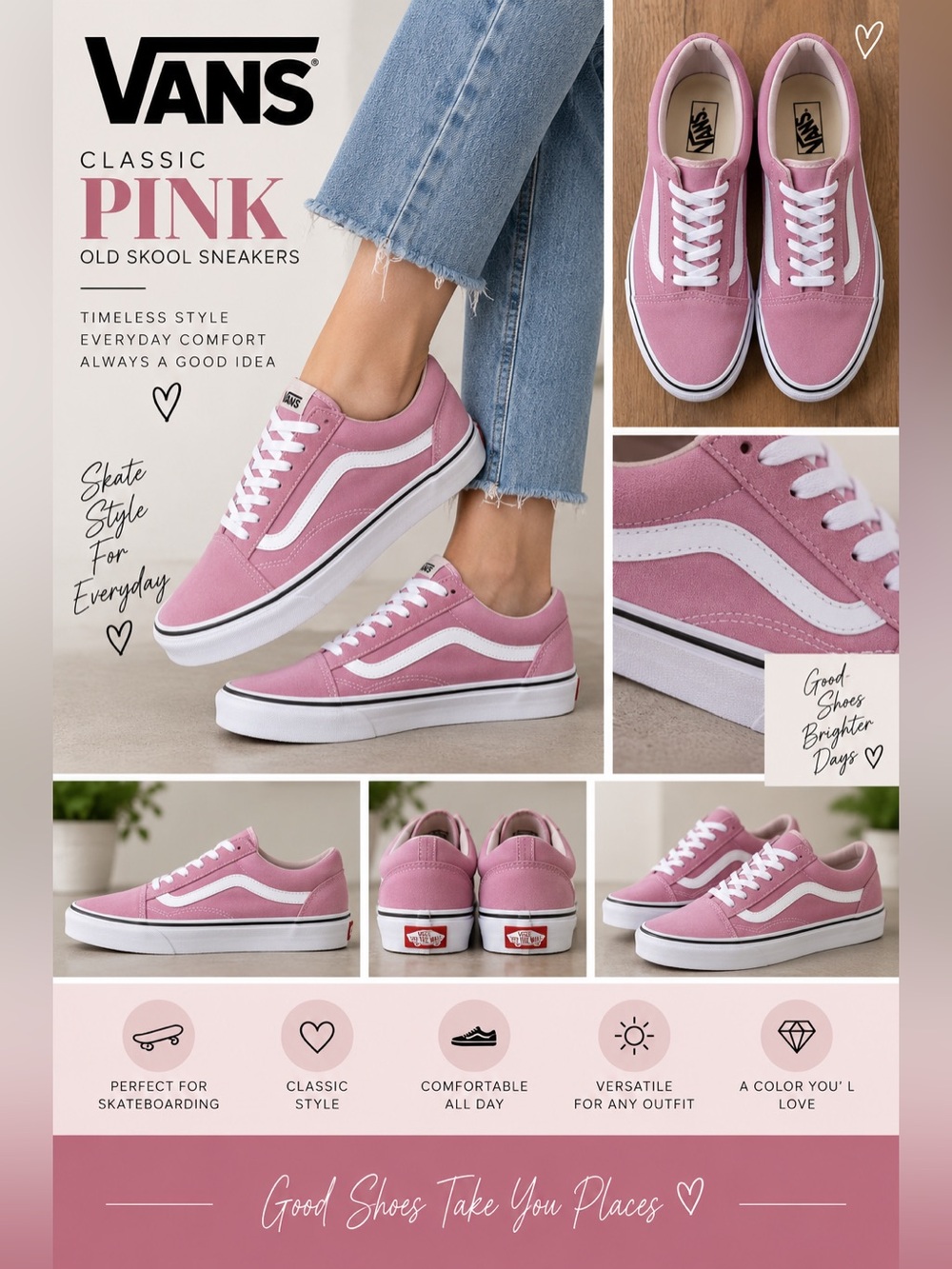 Vans Pink Low-Top Skate Sneakers with White Side Stripe